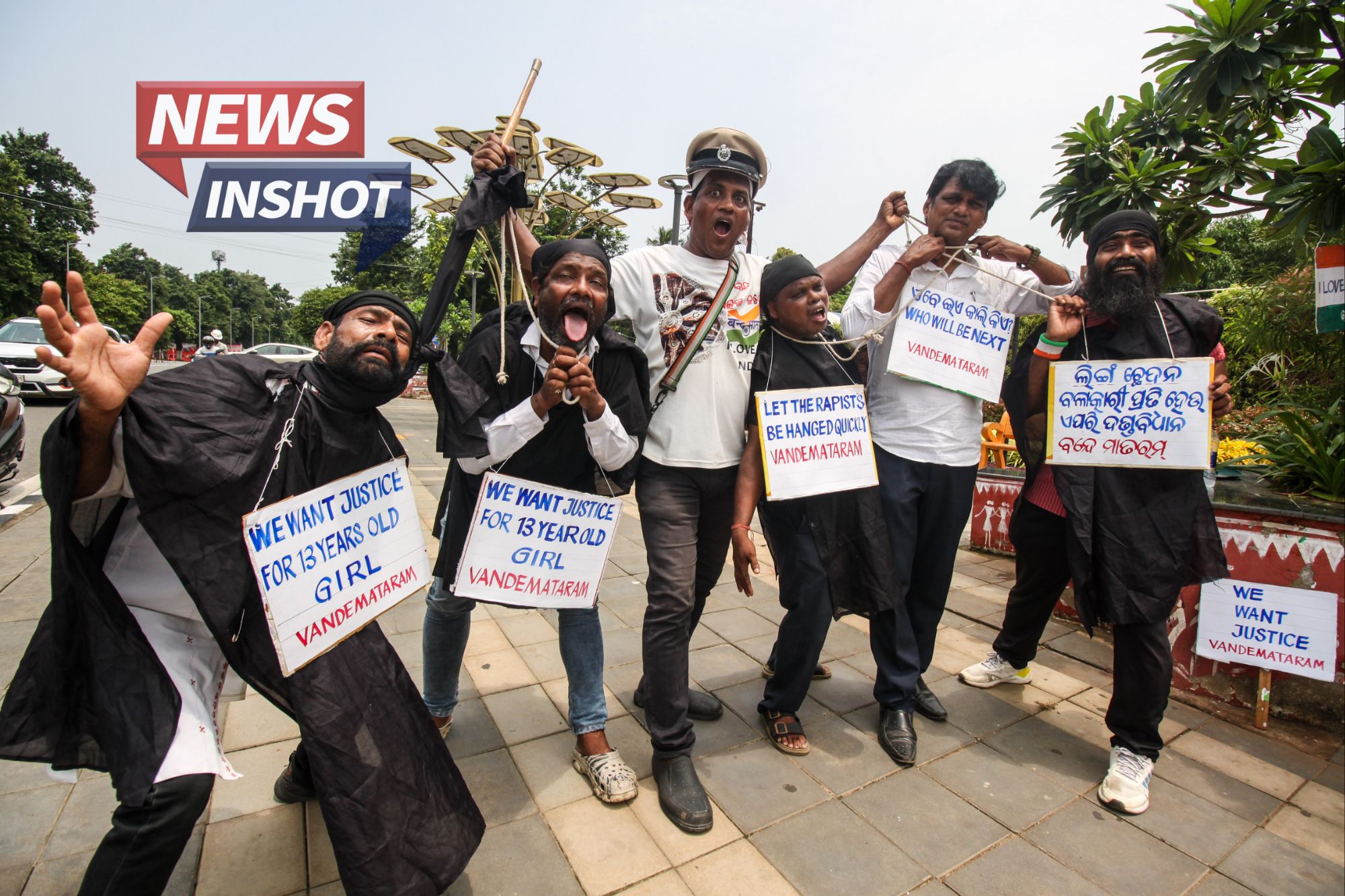 Members of the Vande Mataram organization stage a protest at Master Canteen in Bhubaneswar,